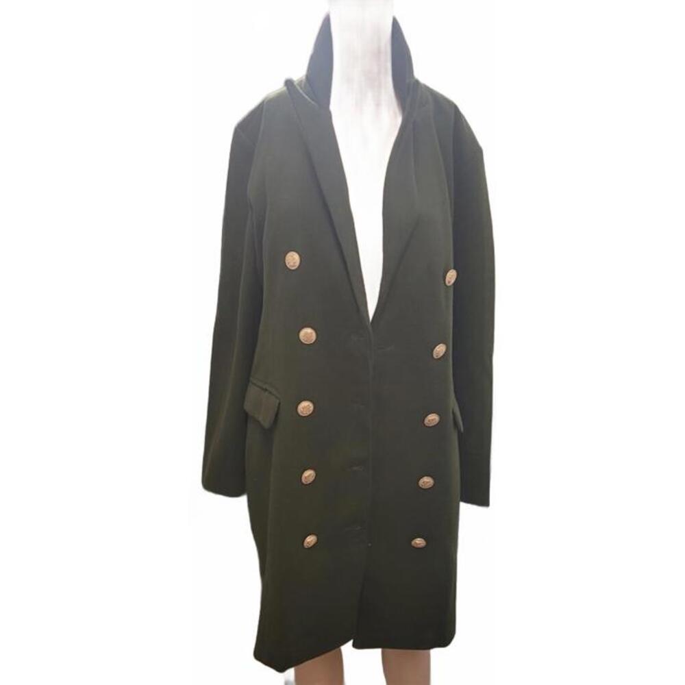 (i) Women's Double-Breasted Olive Green Wool Blend Peacoat Midi Trench Jacket XL